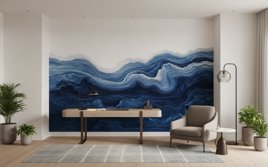 Papier Peint Vagues Océaniques Bleues Style Artistique Contemporain - Bureau