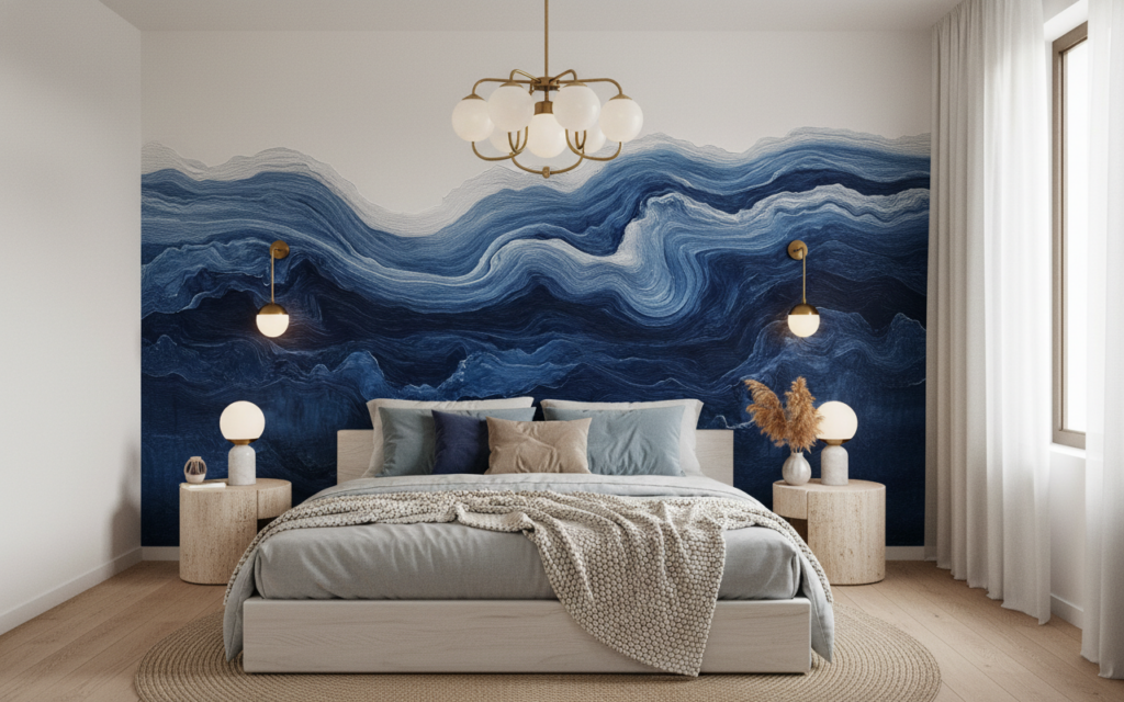 Papier Peint Vagues Océaniques Bleues Style Artistique Contemporain - Chambre adulte