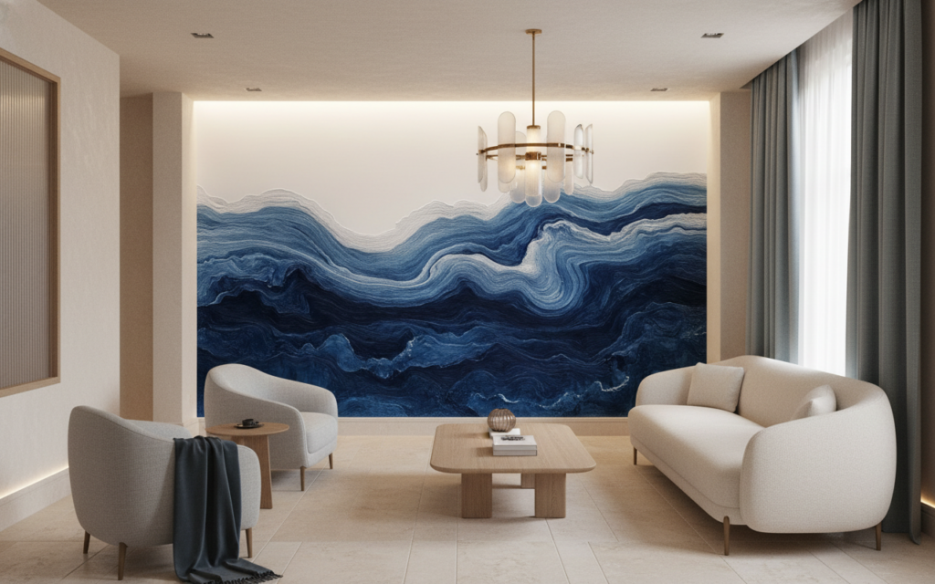 Papier Peint Vagues Océaniques Bleues Style Artistique Contemporain - Hôtel