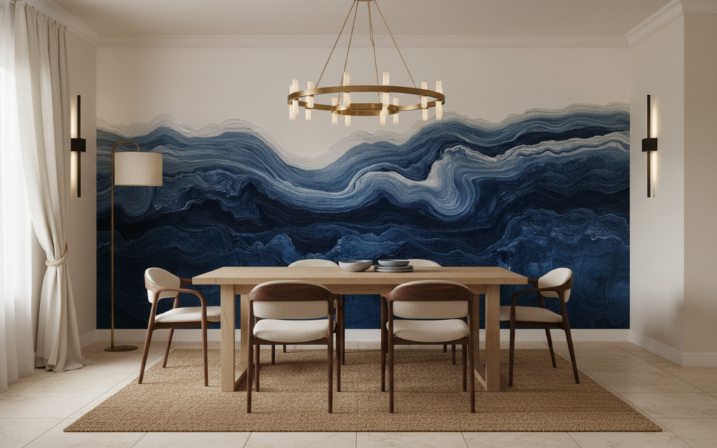 Papier Peint Vagues Océaniques Bleues Style Artistique Contemporain - Salle à manger