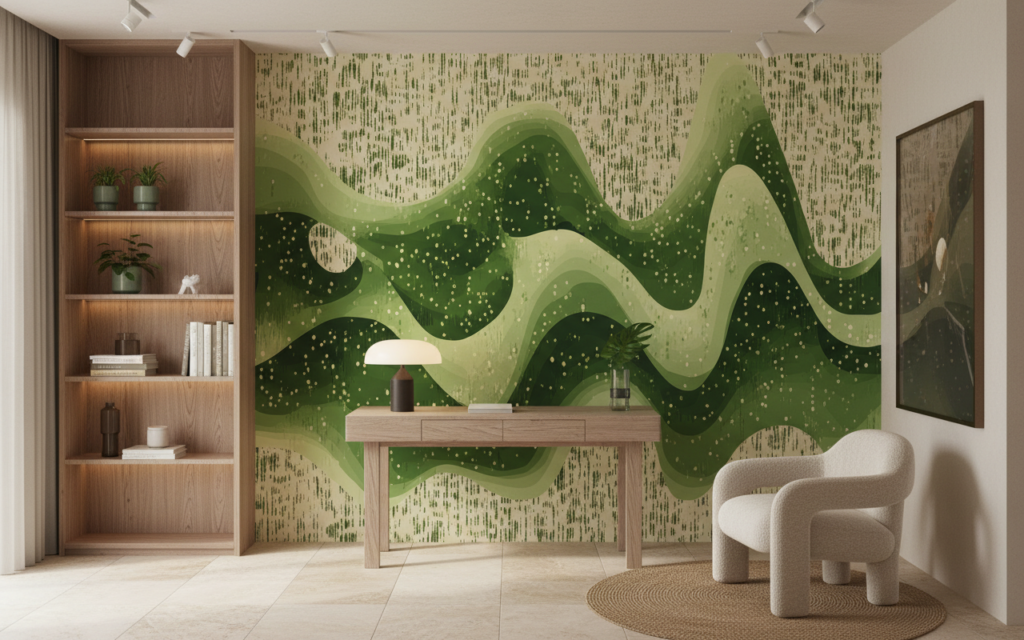 Papier peint vagues ondulantes vertes effet textile naturel - Bureau