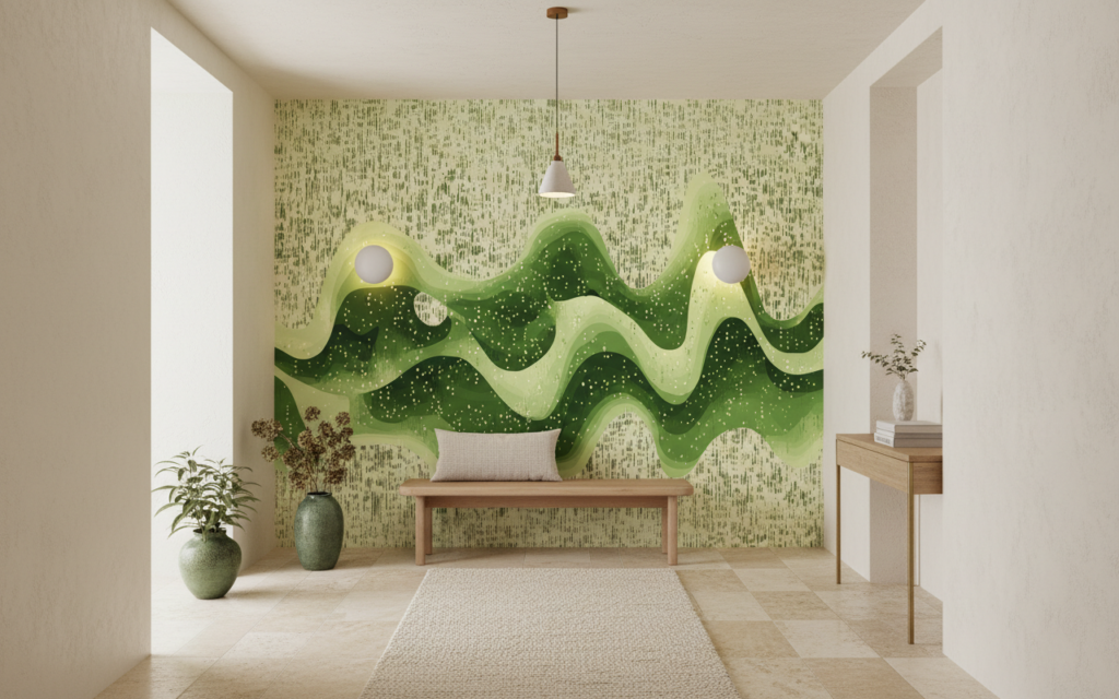 Papier peint vagues ondulantes vertes effet textile naturel - Couloir