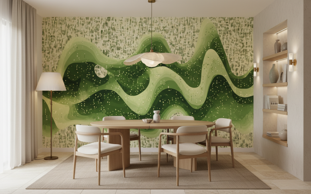Papier peint vagues ondulantes vertes effet textile naturel - Salle à manger