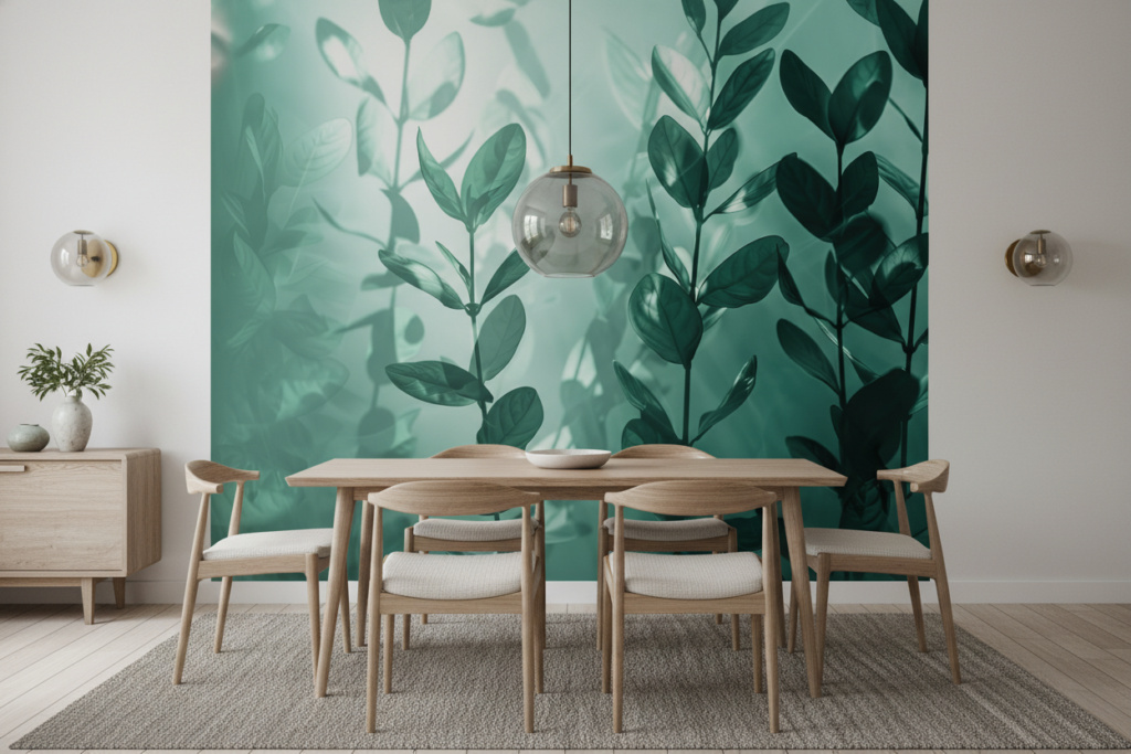 Papier peint végétal branchages eucalyptus ambiance jungle moderne - Salle à manger