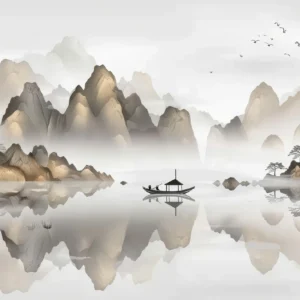 Paysage Zen Asiatique avec Montagne Brumeuse et Lac Paisible