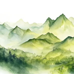Papier Peint Montagnes Aquarelle Brume Verte Naturelle Panoramique