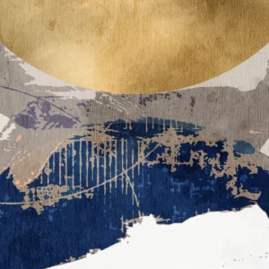 Papier Peint Abstrait Soleil et Vagues en Nuances Dorées et Bleues