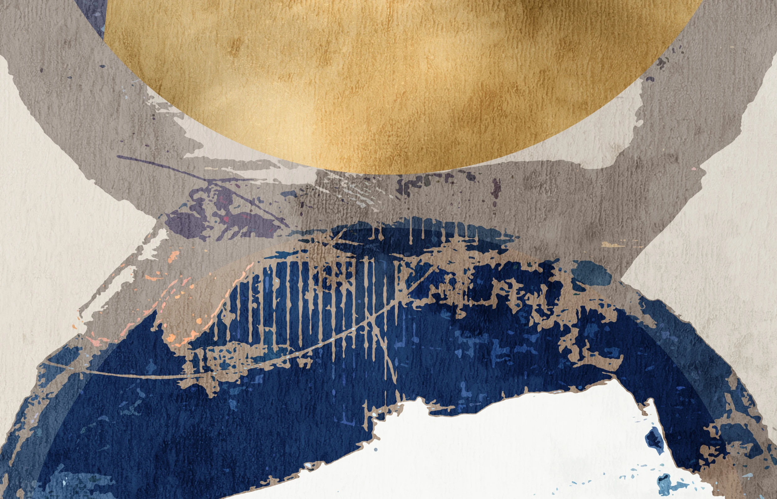 Papier Peint Abstrait Soleil et Vagues en Nuances Dorées et Bleues