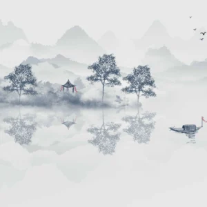 Paysage zen brumeux avec lac et montagnes style aquarelle