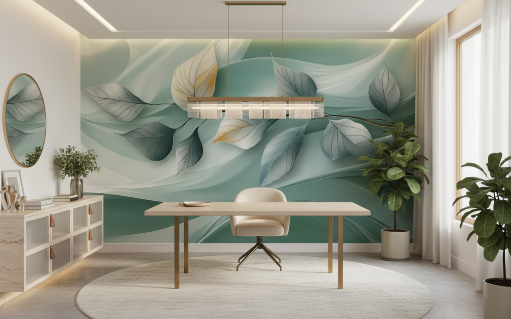 Papier Peint Végétal Moderne aux Feuilles Dorées et Vertes - Bureau