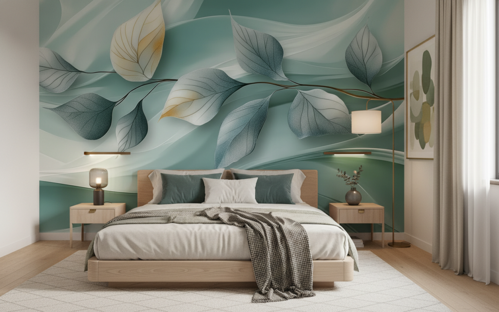 Papier Peint Végétal Moderne aux Feuilles Dorées et Vertes - Chambre adulte