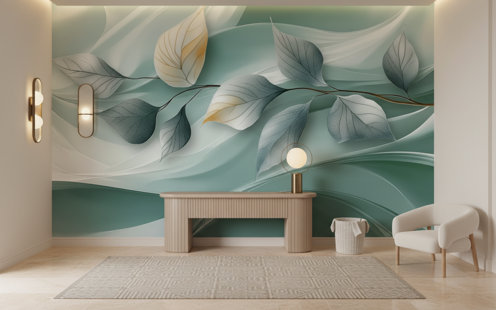 Papier Peint Végétal Moderne aux Feuilles Dorées et Vertes - Entrée