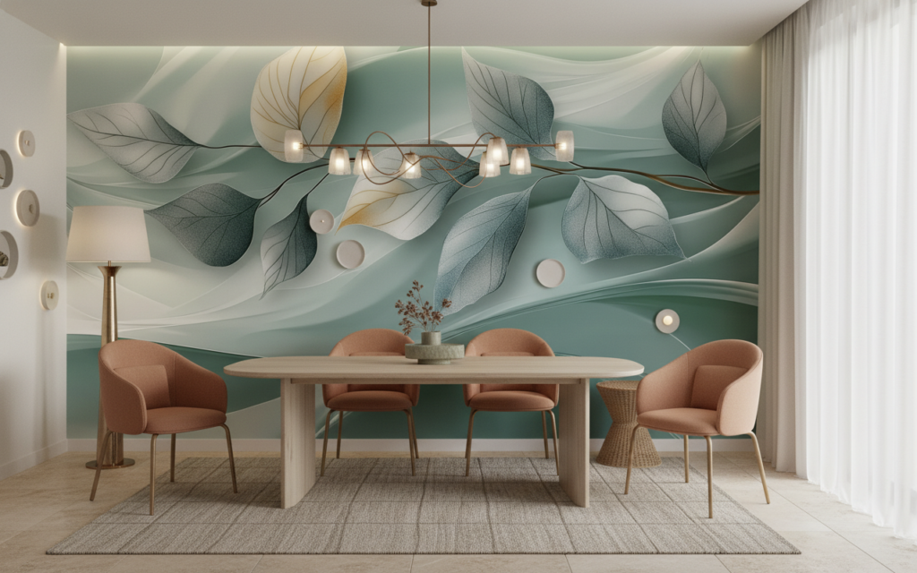 Papier Peint Végétal Moderne aux Feuilles Dorées et Vertes - Salle à manger