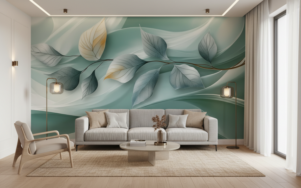 Papier Peint Végétal Moderne aux Feuilles Dorées et Vertes - Salon / Séjour