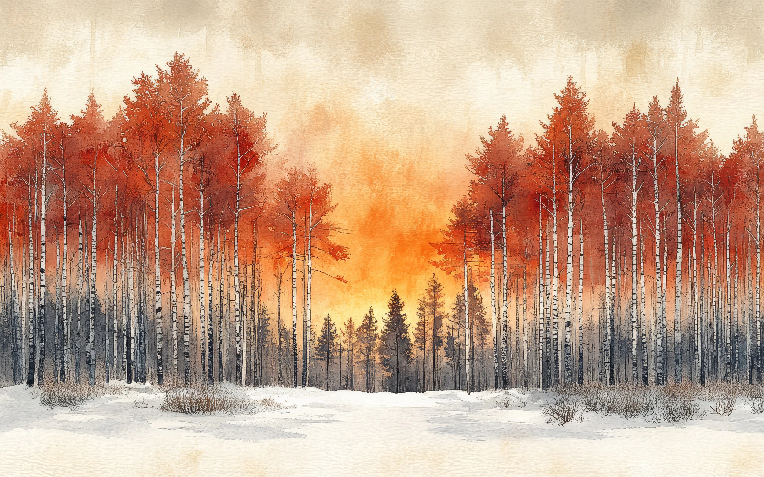 Papier Peint Forêt de Bouleaux Automnale avec Feuillage Flamboyant