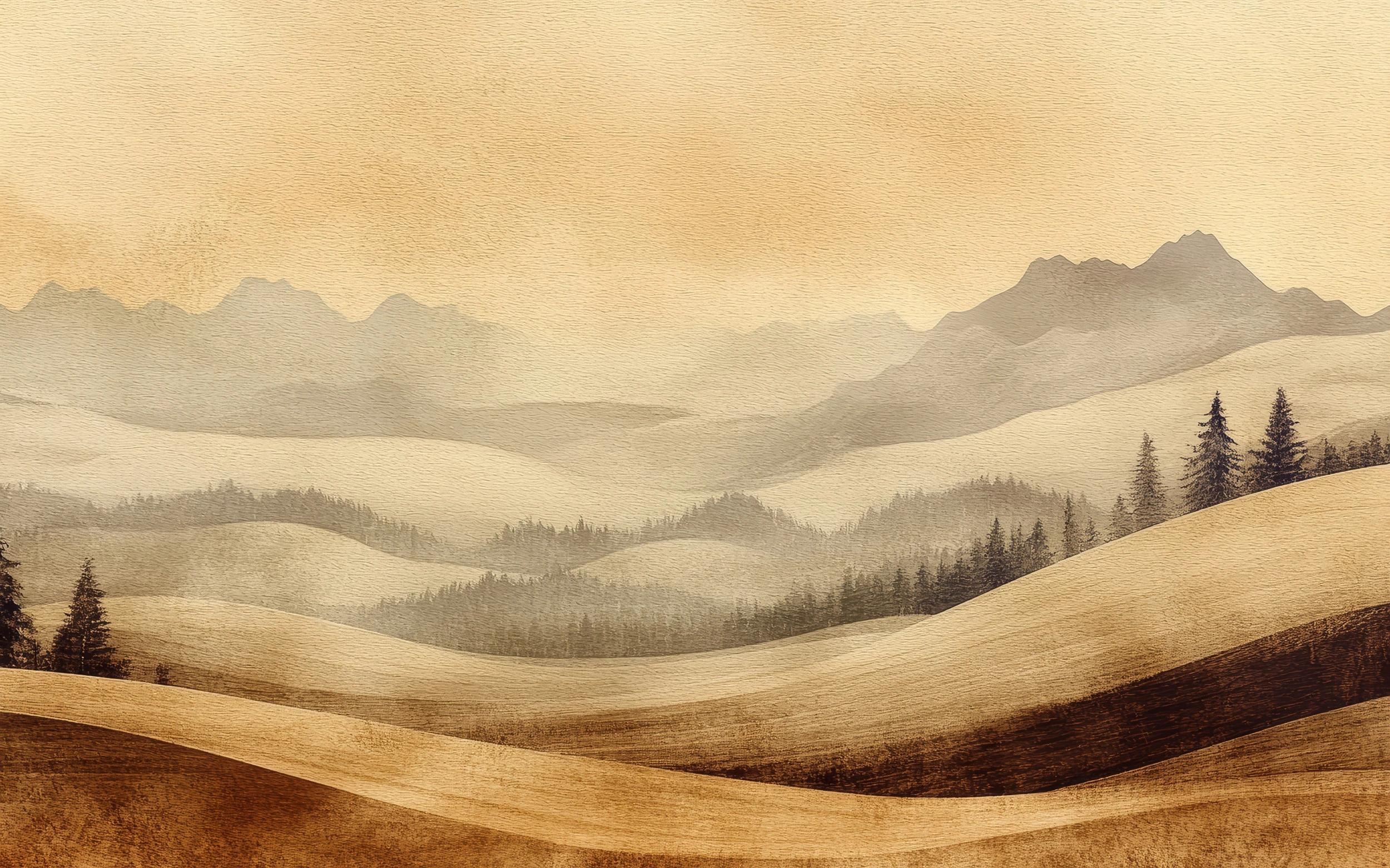 Papier peint panorama montagneux aux tons dorés et bruns