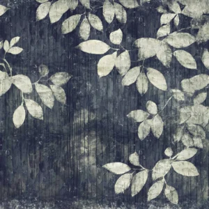 Papier peint vintage feuillage beige sur fond bleu marine texturé