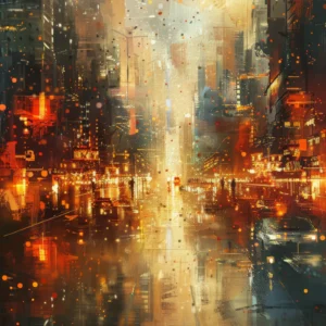 Ville Futuriste Abstraite aux Reflets Dorés et Orangés Lumineux