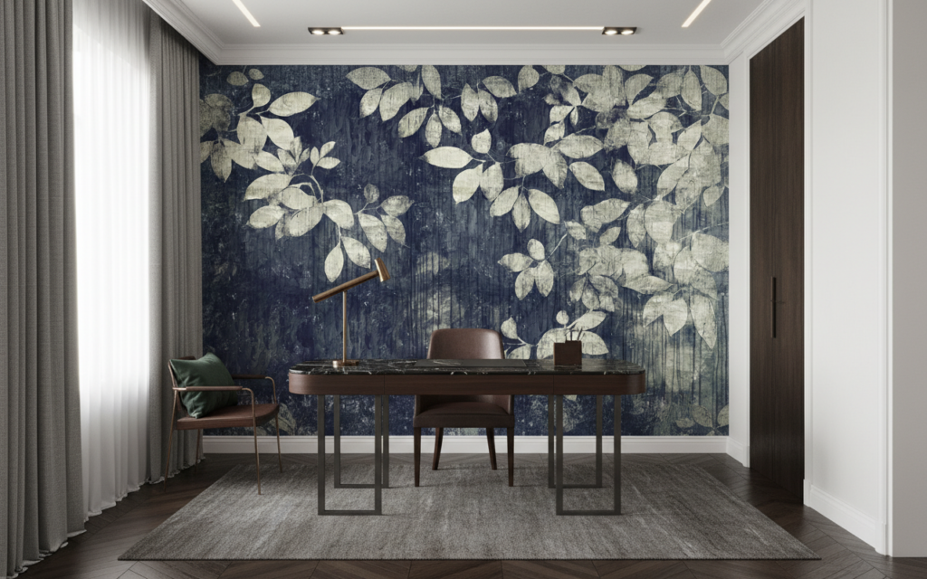 Papier peint vintage feuillage beige sur fond bleu marine texturé - Bureau