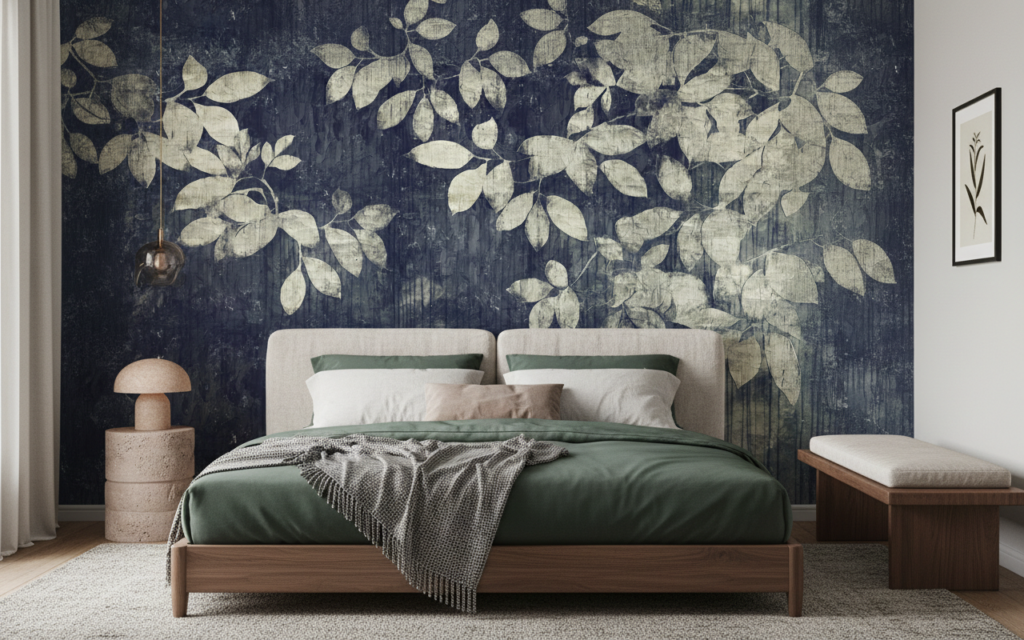 Papier peint vintage feuillage beige sur fond bleu marine texturé - Chambre adulte