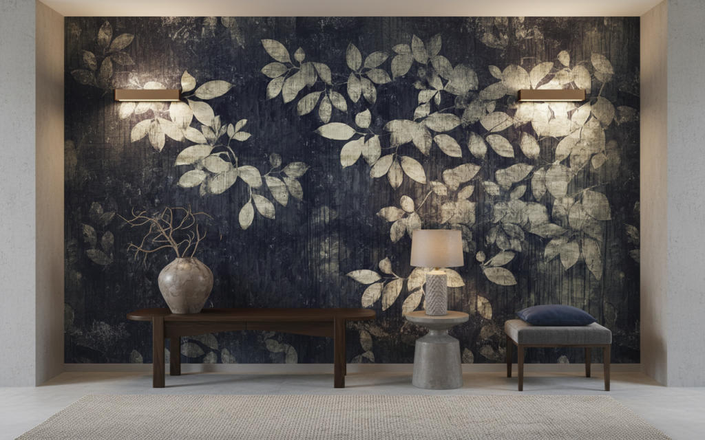 Papier peint vintage feuillage beige sur fond bleu marine texturé - Entrée