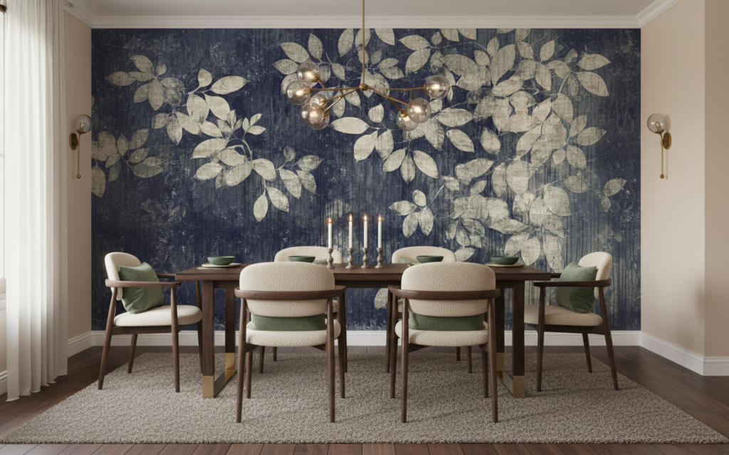 Papier peint vintage feuillage beige sur fond bleu marine texturé - Salle à manger