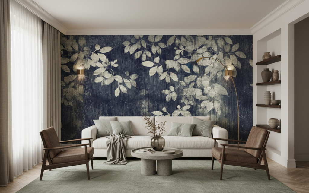 Papier peint vintage feuillage beige sur fond bleu marine texturé - Salon / Séjour