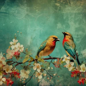 Papier Peint Vintage Oiseaux Exotiques sur Branche Fleurie Aquarelle