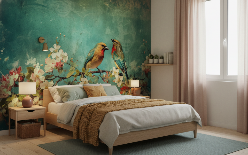 Papier Peint Vintage Oiseaux Exotiques sur Branche Fleurie Aquarelle - Chambre ado