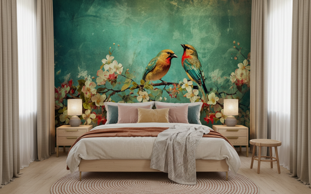 Papier Peint Vintage Oiseaux Exotiques sur Branche Fleurie Aquarelle - Chambre adulte