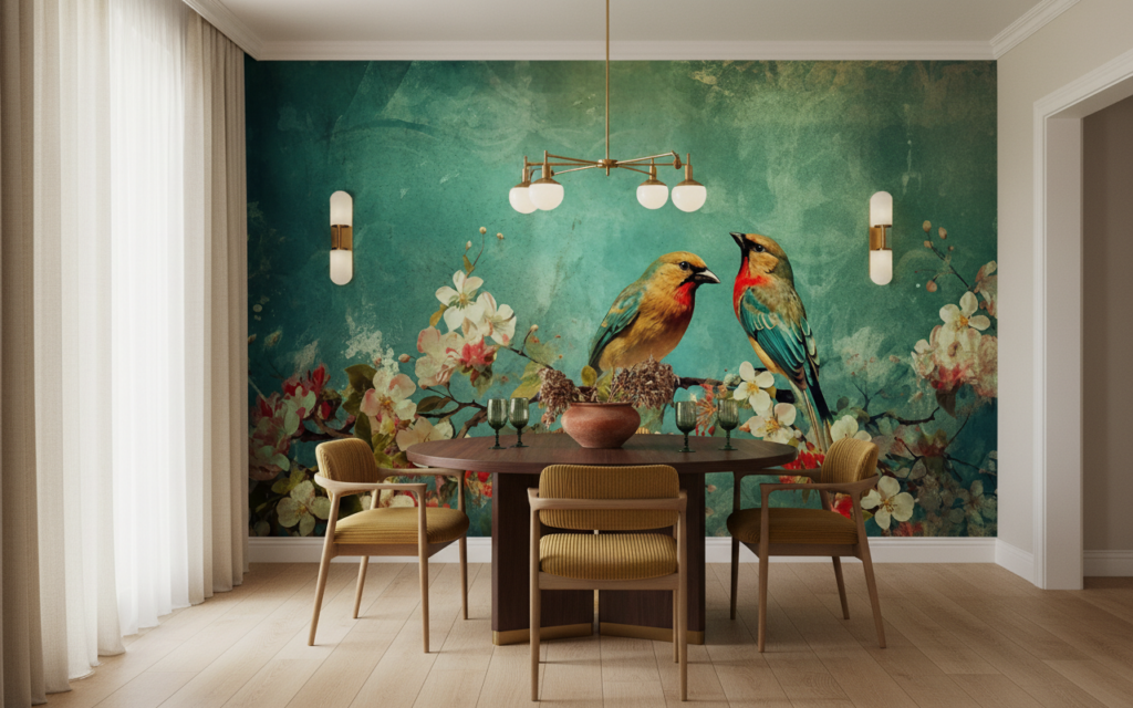 Papier Peint Vintage Oiseaux Exotiques sur Branche Fleurie Aquarelle - Salle à manger