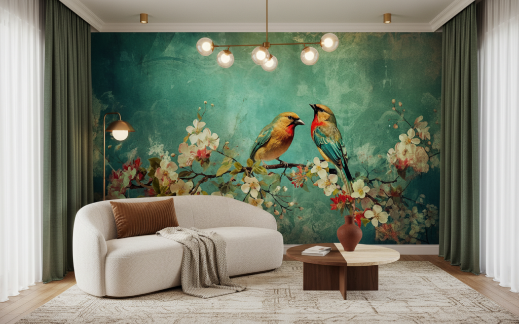 Papier Peint Vintage Oiseaux Exotiques sur Branche Fleurie Aquarelle - Salon / Séjour