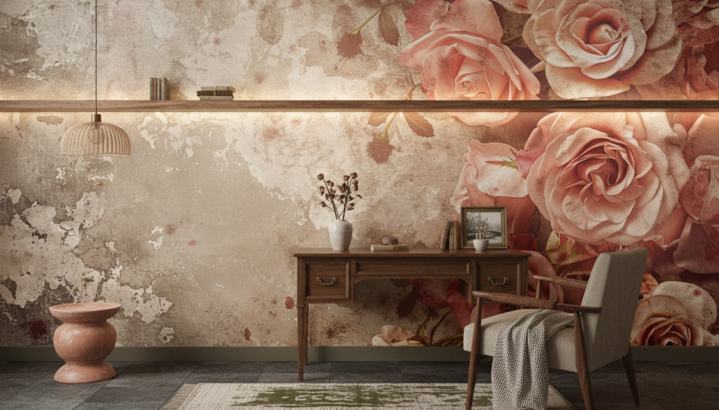 Papier peint vintage roses romantiques fond grunge beige rosé - Bureau