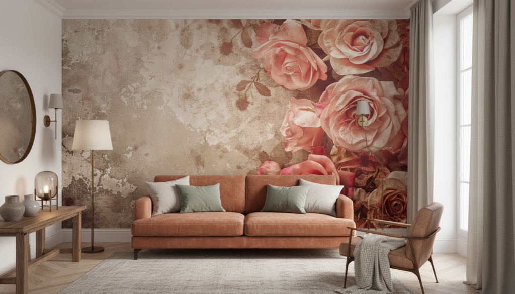 Papier peint vintage roses romantiques fond grunge beige rosé - Salon / Séjour