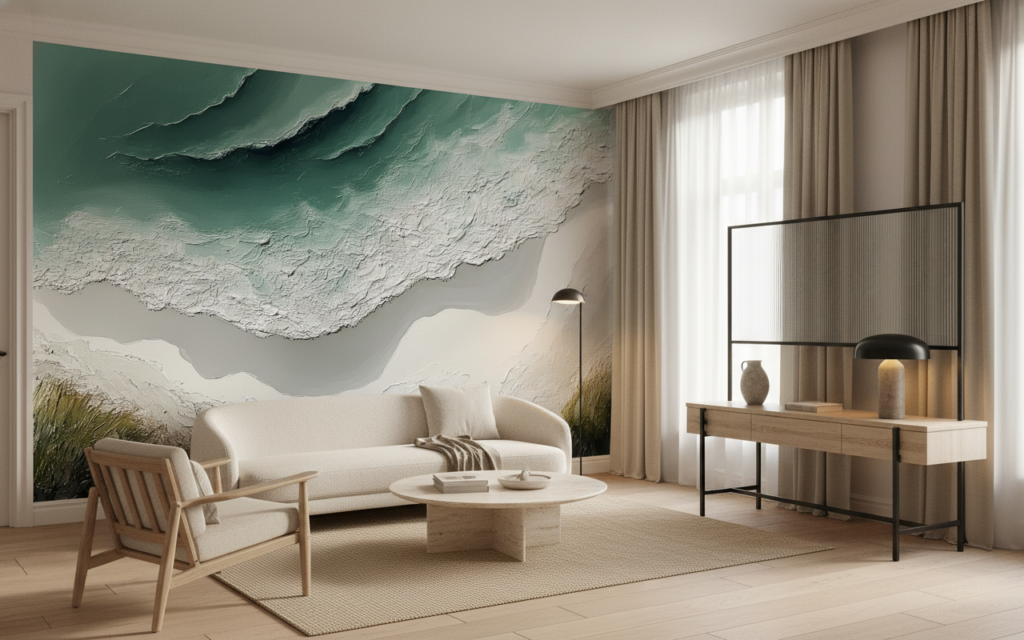 Papier Peint Vue Aérienne Côte Tropicale Effet Texture Relief - Hôtel