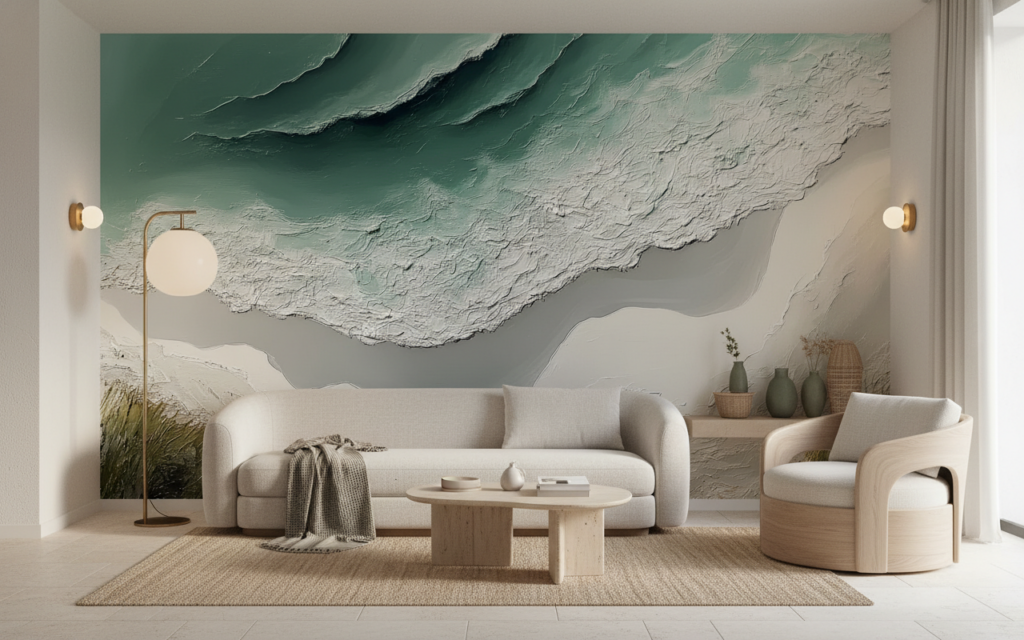 Papier Peint Vue Aérienne Côte Tropicale Effet Texture Relief - Salon / Séjour