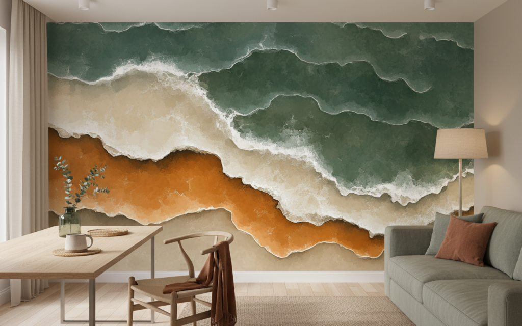 Papier Peint Vue Aérienne Plage Océan Sable Doré - Bureau