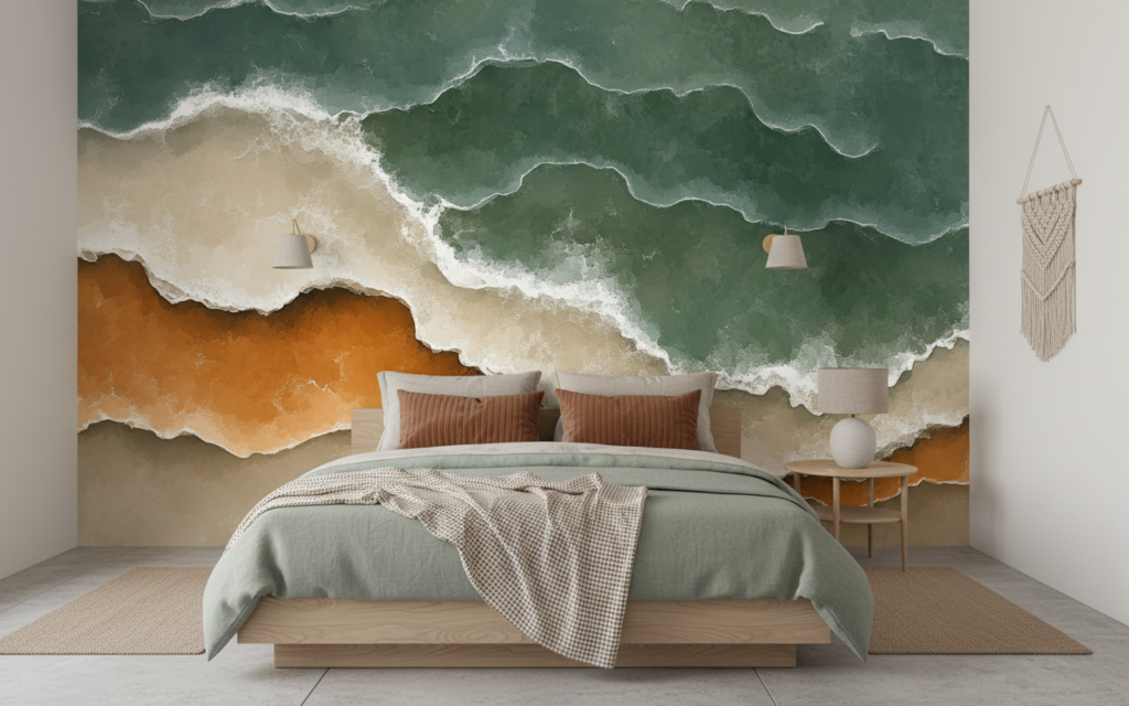 Papier Peint Vue Aérienne Plage Océan Sable Doré - Chambre adulte