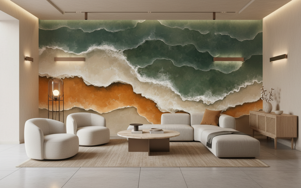 Papier Peint Vue Aérienne Plage Océan Sable Doré - Hôtel