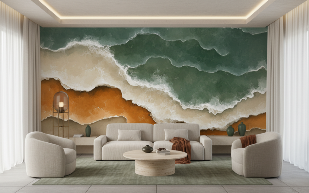 Papier Peint Vue Aérienne Plage Océan Sable Doré - Salon / Séjour