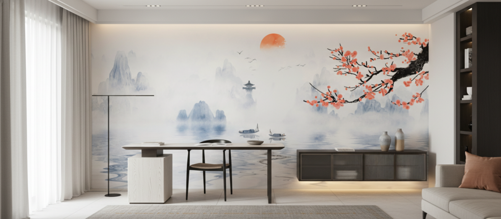 Paysage Asiatique Zen avec Cerisier en Fleurs et Pagode - Bureau