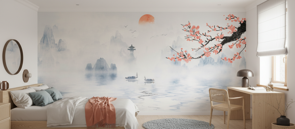 Paysage Asiatique Zen avec Cerisier en Fleurs et Pagode - Chambre ado