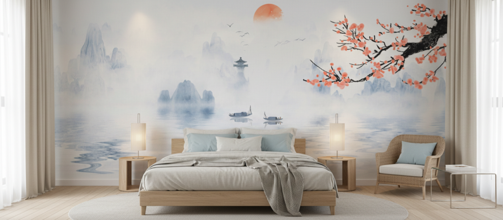 Paysage Asiatique Zen avec Cerisier en Fleurs et Pagode - Chambre adulte