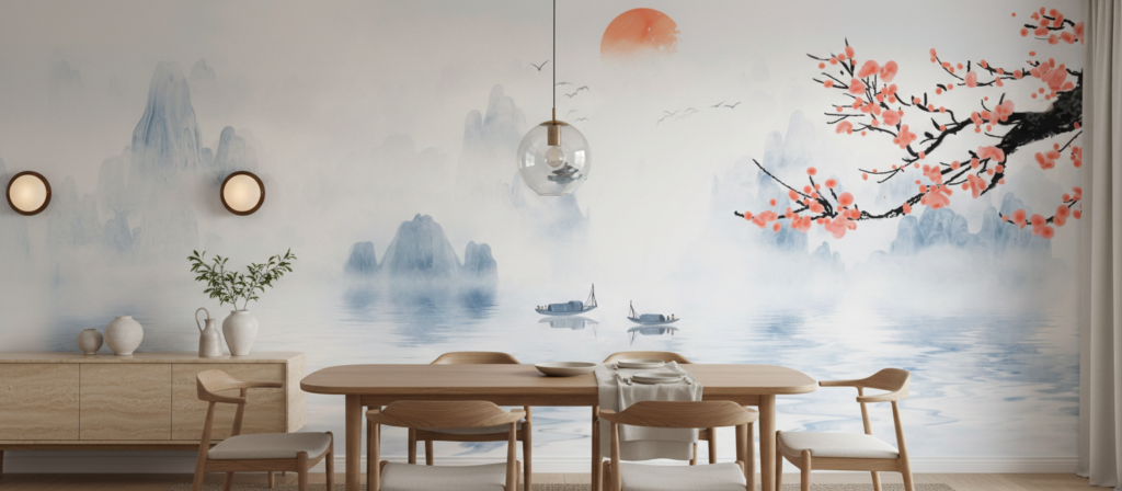 Paysage Asiatique Zen avec Cerisier en Fleurs et Pagode - Salle à manger