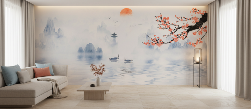 Paysage Asiatique Zen avec Cerisier en Fleurs et Pagode - Salon / Séjour