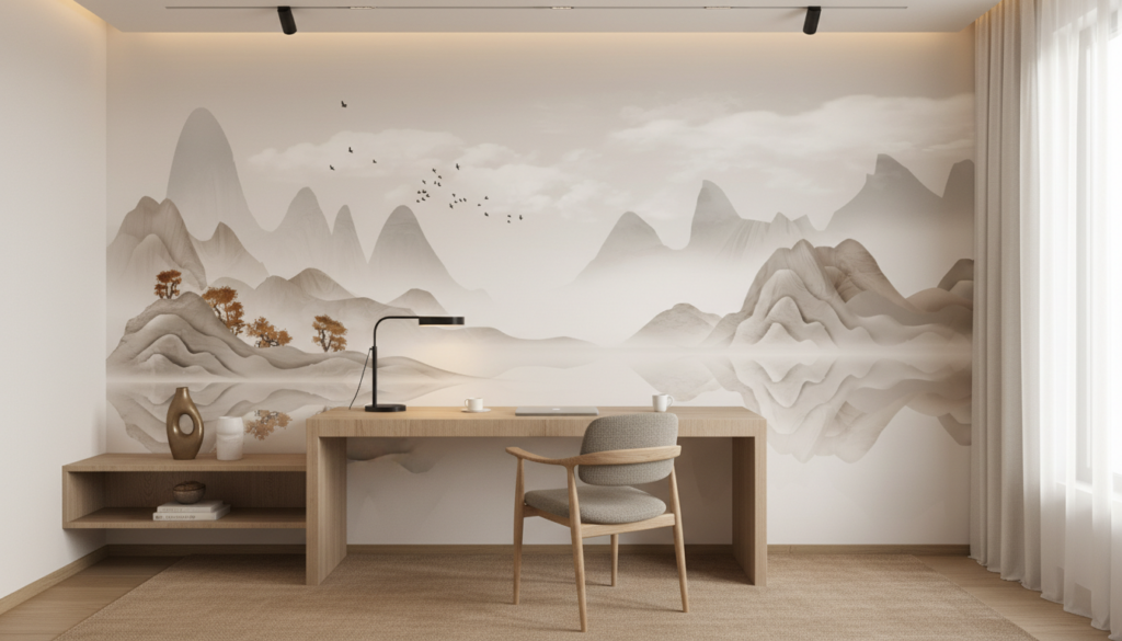 Paysage chinois traditionnel avec montagnes brumeuses et oiseaux - Bureau