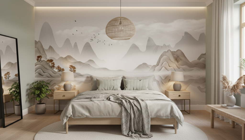 Paysage chinois traditionnel avec montagnes brumeuses et oiseaux - Chambre adulte