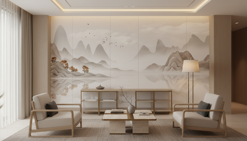 Paysage chinois traditionnel avec montagnes brumeuses et oiseaux - Hôtel