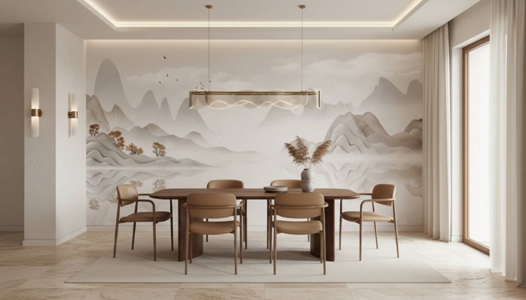 Paysage chinois traditionnel avec montagnes brumeuses et oiseaux - Salle à manger