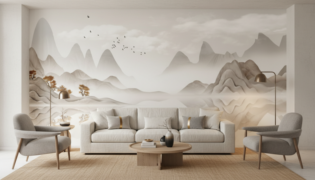 Paysage chinois traditionnel avec montagnes brumeuses et oiseaux - Salon / Séjour